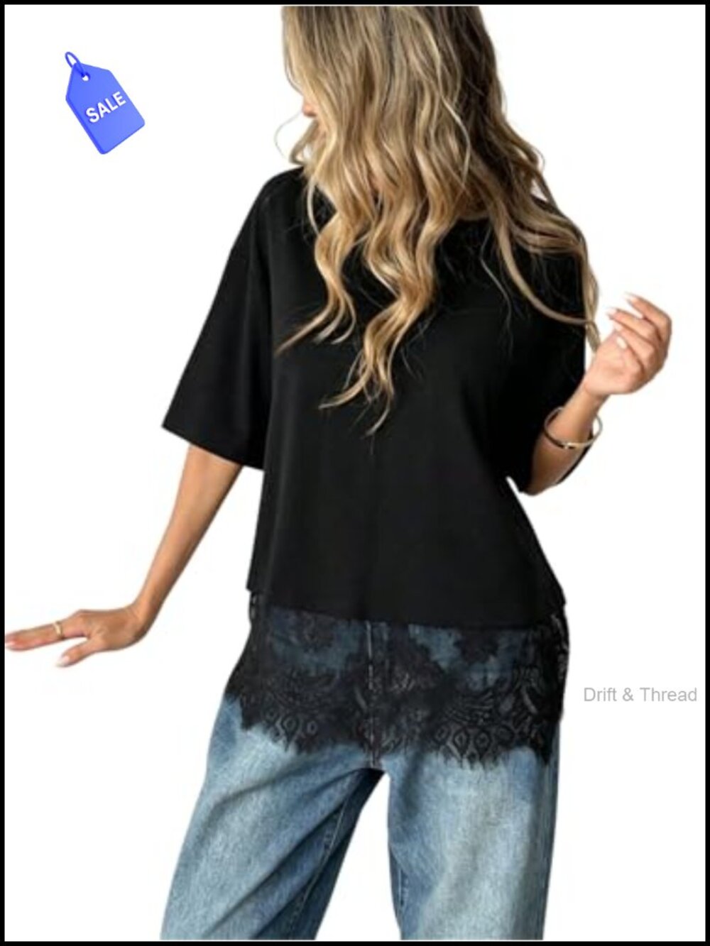 Women's Lace Trim T-Shirt Short Sleeve Crew Neck Going Out Top - Picture 1 of 6